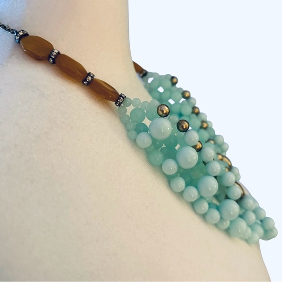 Turquoise Amber Silver Colored Beads Rhinestones Multi Strand Statement Necklace - Picture 3 of 6